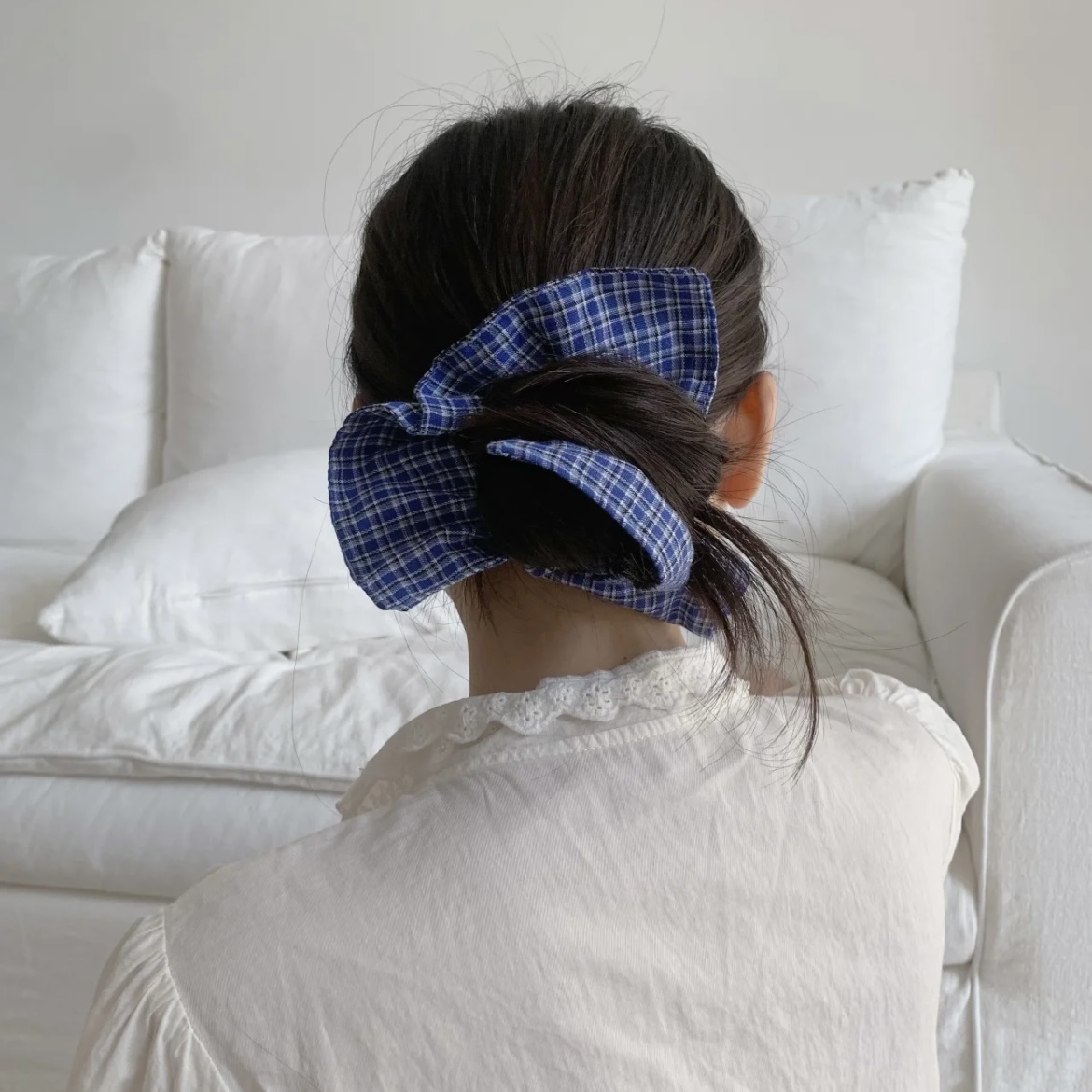 Preppy – chouchou à carreaux bleus de Style Preppy, cravate à cheveux en forme de grand nœud, accessoire de cheveux mignon et rétro pour femmes