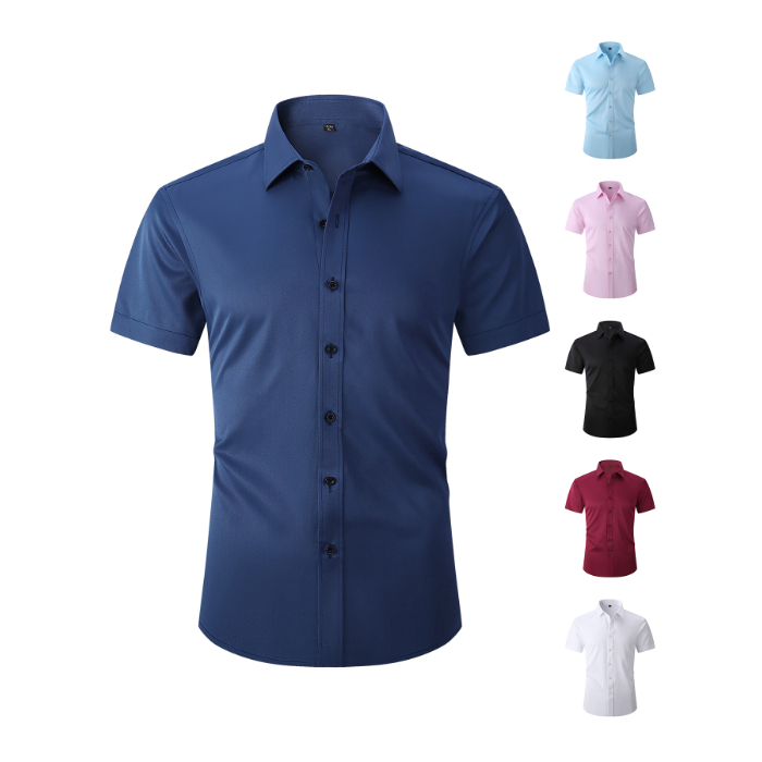 Chemise d'été décontractée pour homme en coton à manches courtes, boutonnée, respirante, couleur unie rose, coupe classique, haut de gamme pour affaires