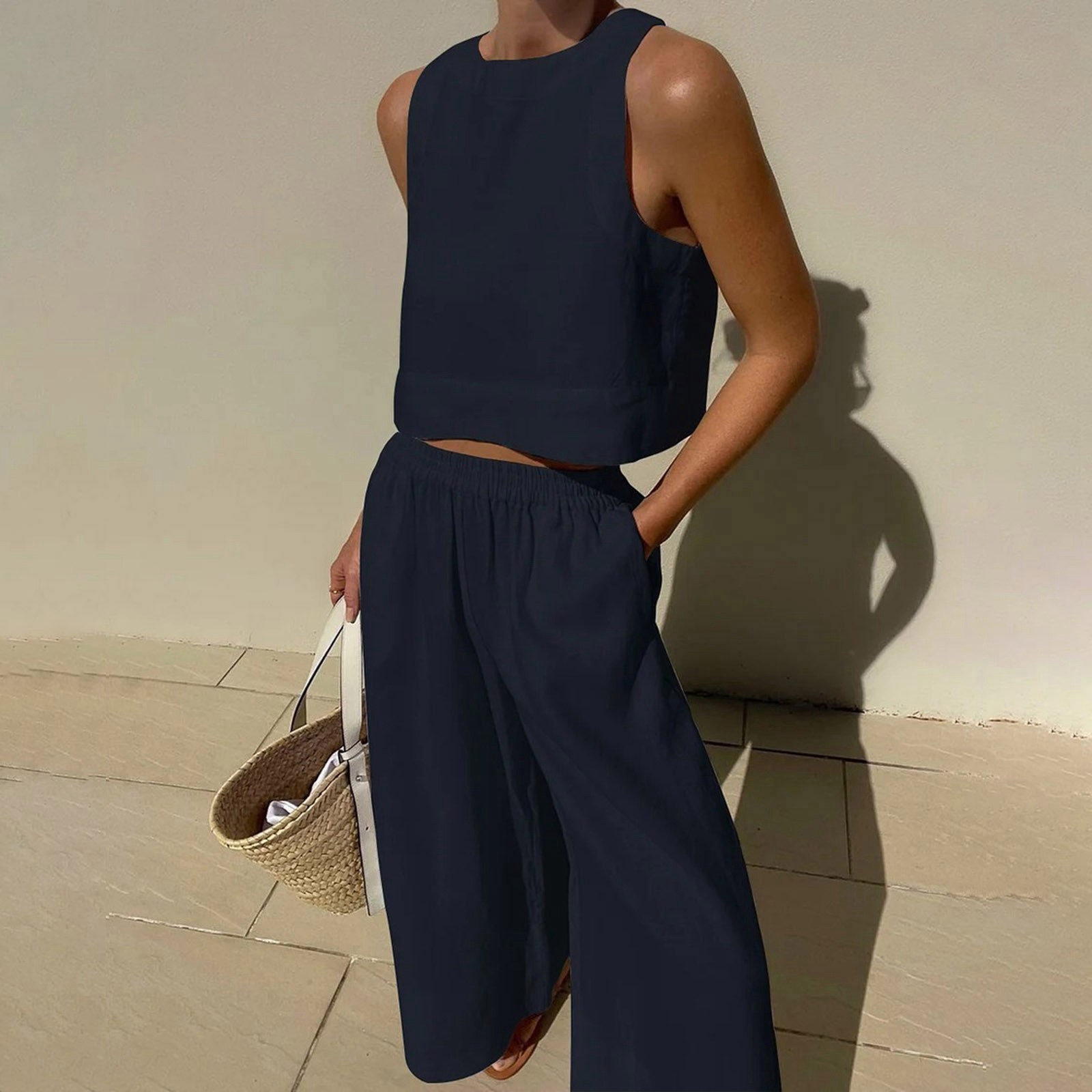 Mode dames pantalons longs 2 pièces ensembles femmes décontracté grand costume ample solide sans manches chemise et pantalon deux femmes costume