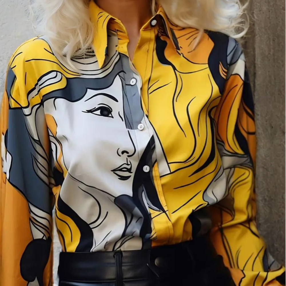 Chemisier imprimé vintage pour femmes, chemise à manches longues, col rabattu, chemises à boutons, haut décontracté, mode