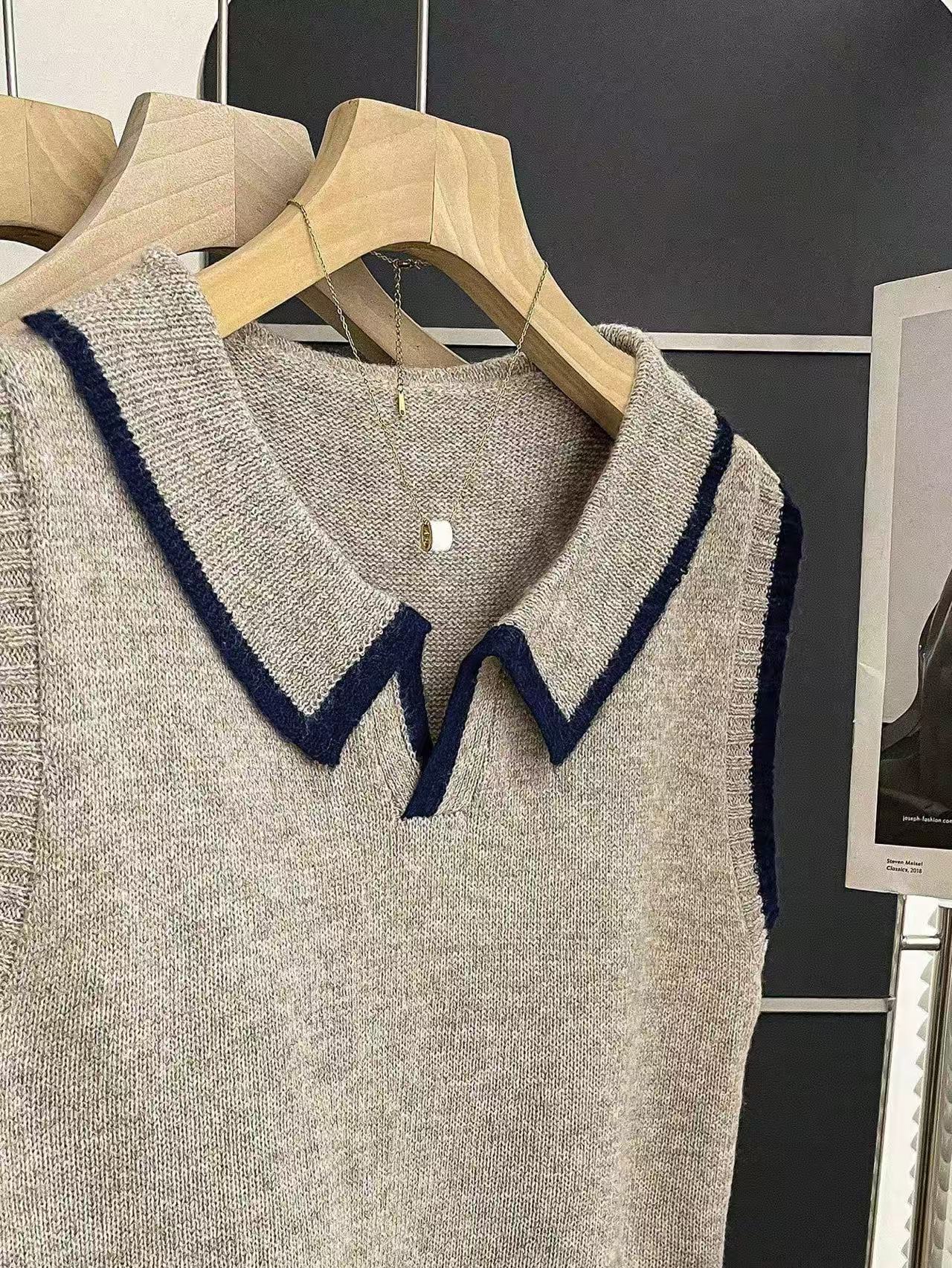 Gilet en tricot pour femme avec col polo, détails de passepoil contrastant, doux, polyvalent et facile à porter