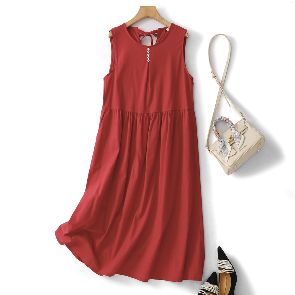Robe d'été 100% coton pour femmes – Nouvelle robe de vacances dos nu de style coréen, rouge, mi-longue, robe décontractée sans manches