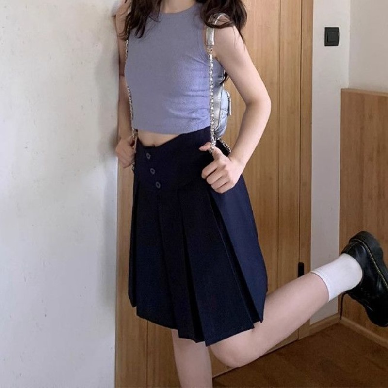 Jupe mi-longue plissée taille haute pour femme, style preppy, bleu foncé, pour le bureau ou décontractée, été