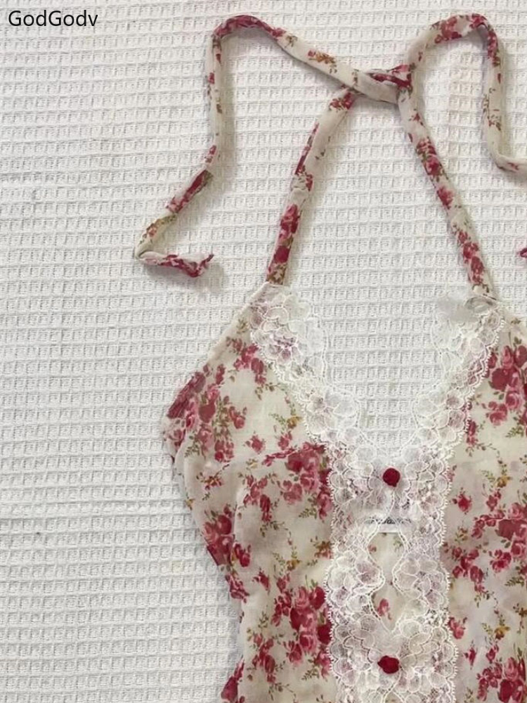 2025 été femme Floral licou dentelle Blouse 2025 Vintage Sexy Slim Fit fée mode coréenne femme hauts tenues Style élégant