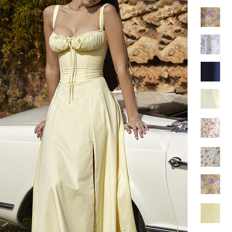 Femmes robe d'été 2024 mode imprimé fleuri licou fronde col en V soutien-gorge sans manches doux femme mi-mollet robes robes GHH24128