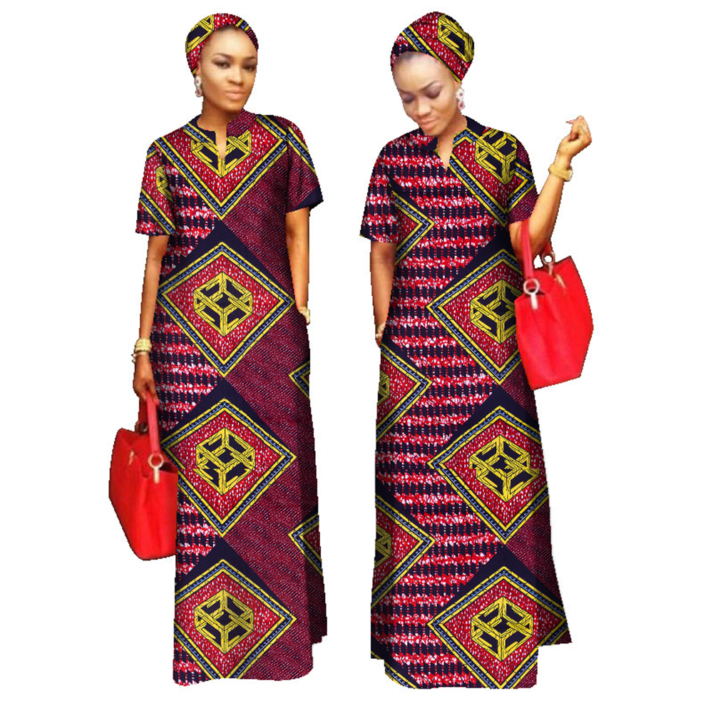 BRW-Vêtements College africains pour femmes, tenues à manches courtes, écharpe de tête gratuite, robe longue pour femme, taille maxi, WY843