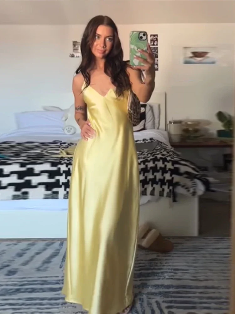 Robe élégante en Satin jaune, col en V, bretelles Spaghetti, Sexy, ample, épaules dénudées, sans manches, nouvelle collection, robes de soirée, Club ﻿
