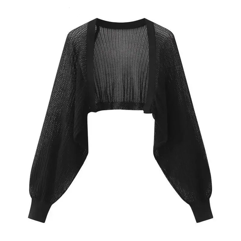 Cardigan style français en soie glacée anti-UV, boléro court en maille transparente à manches bouffantes, châle léger d'été