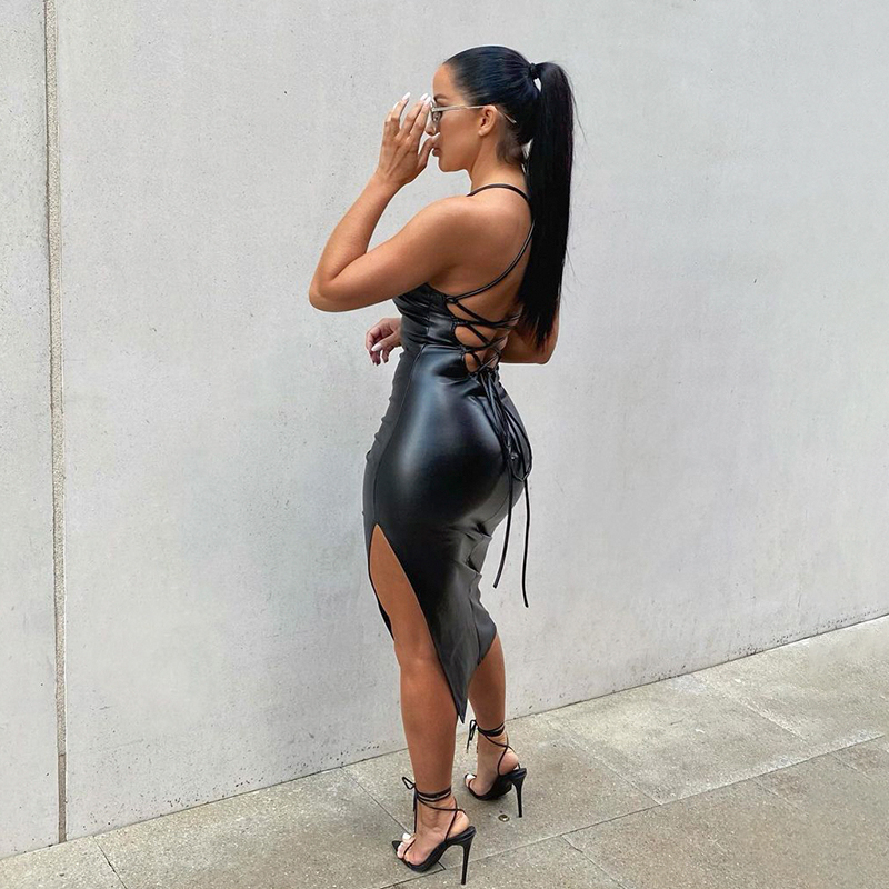 Femmes Sexy jarretelle mi-longue robe moulante mode couleur unie en cuir pansement dos nu maigre robe fendue pour femme Mujer