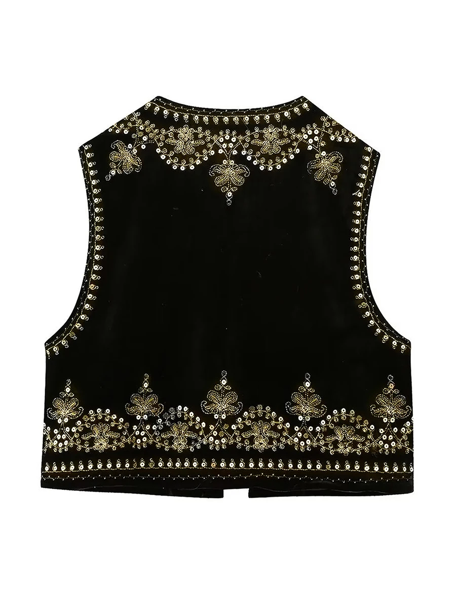 Gilet brodé noir Vintage à motif Floral pour femmes, sans manches, ouvert sur le devant, court polyvalent, vêtements d'extérieur y2k, Cardigan Boho court