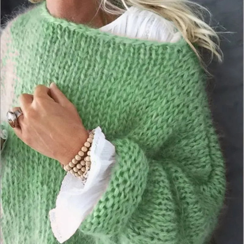 Mohair-Pull moelleux à manches longues lanterne pour femmes, pull en tricot streetwear, pull respirant, vêtements pour femmes