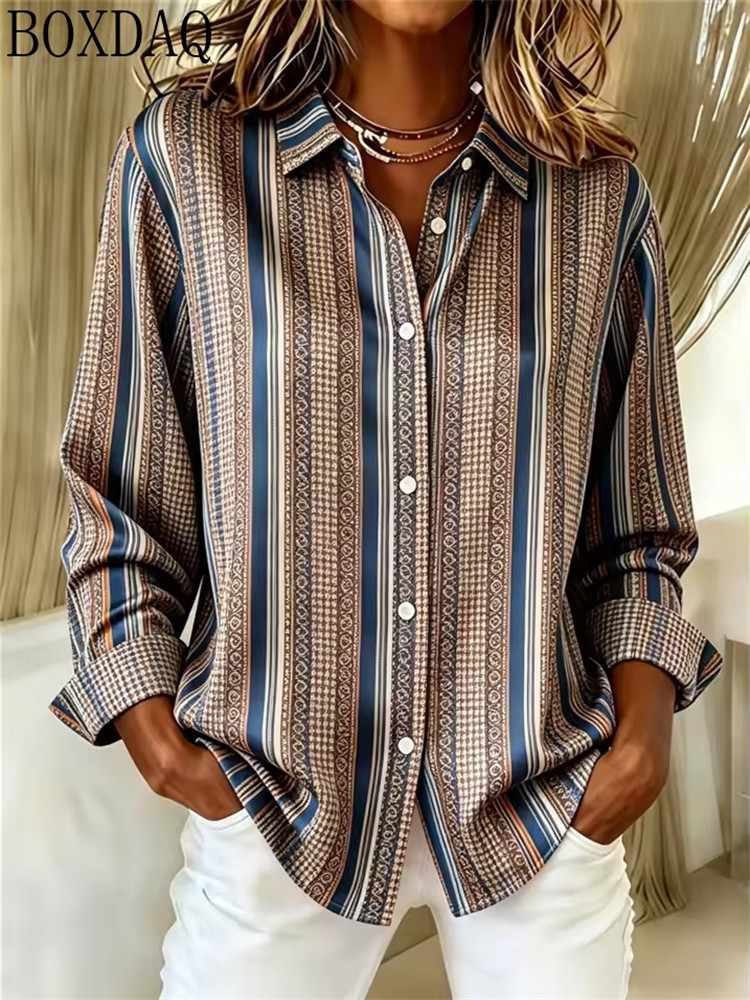 Chemisier d'été boutonné pour femmes, avec imprimé rayé multicolore, col à revers, chemise à manches longues, haut élégant pour tous les jours