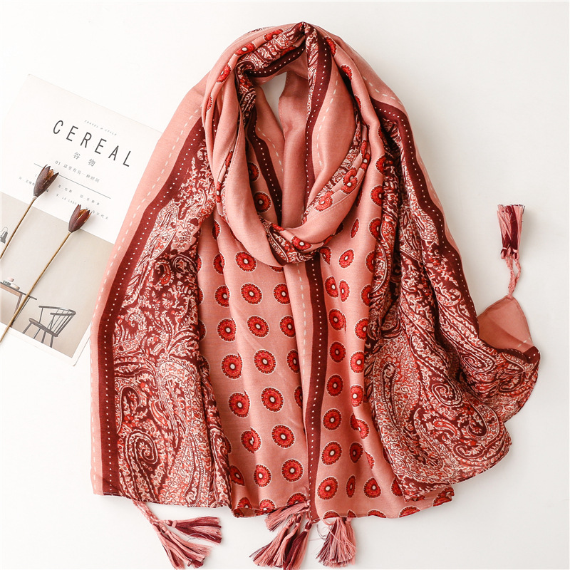 Foulard en coton et lin doux châles femmes luxe Premium Foulard Femme longue tacheté imprimé léopard gland écharpes foulards Echarpe