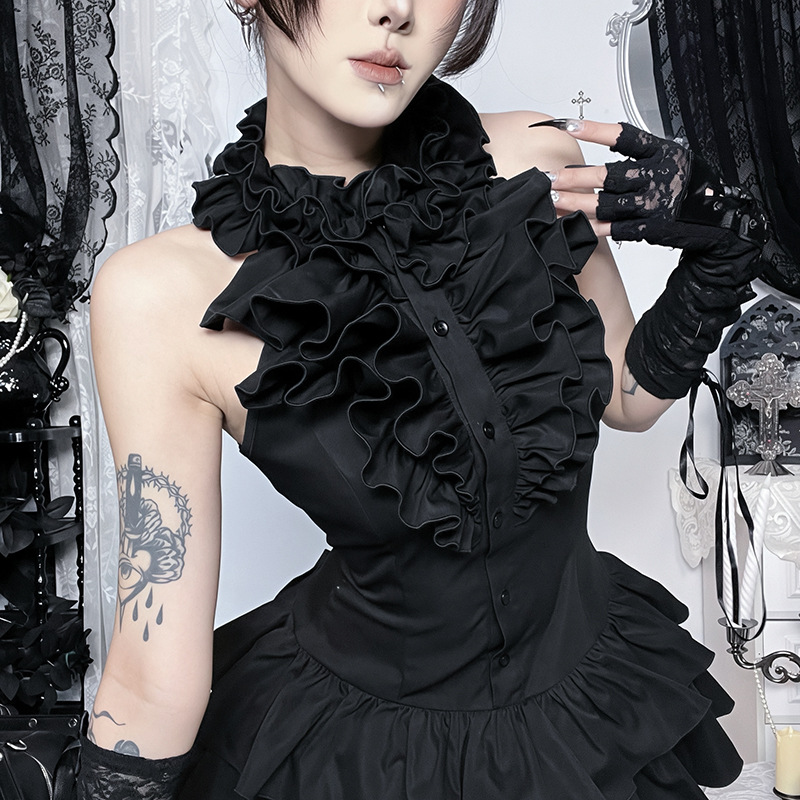 Robe pour femme de style gothique sombre avec taille à volants, jupe courte à volants superposés, en fibre de polyester, sans élasticité, coupe trapèze