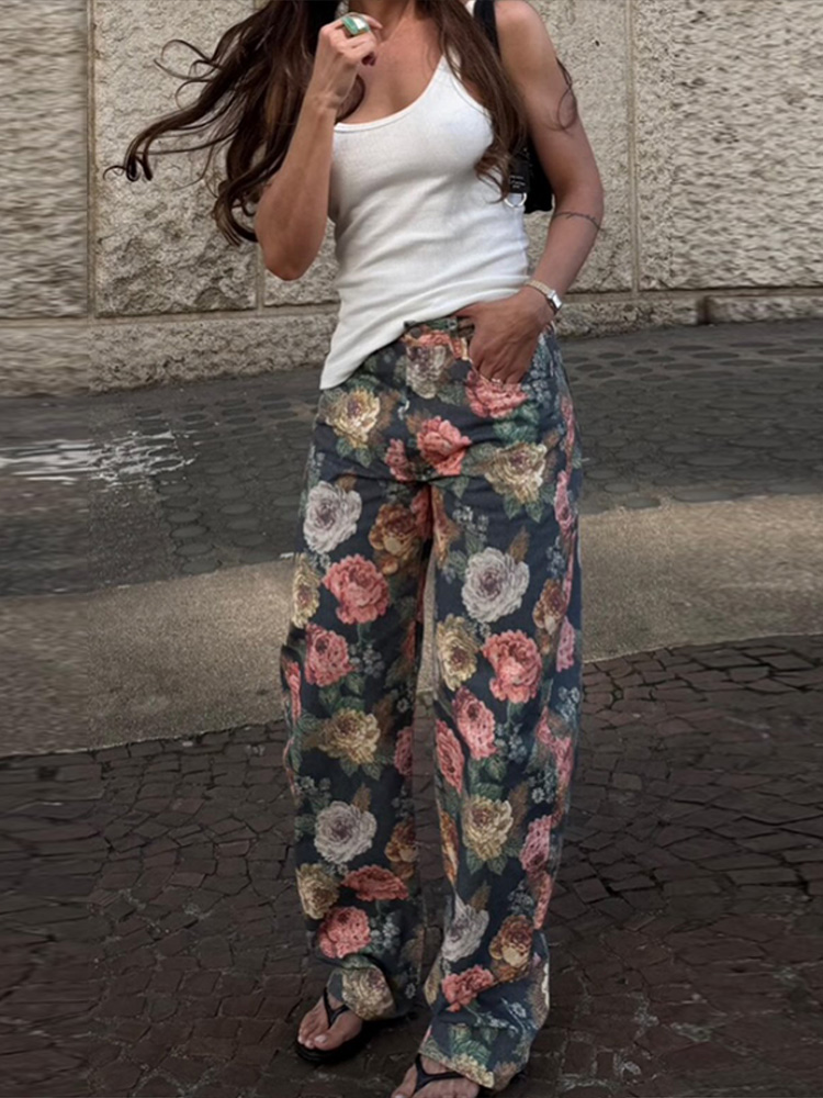 Jean pour femme 2026, imprimé floral vintage, taille haute, coupe ample, jambe large droite, en denim, style rétro effet peinture à l'huile, pantalon décontracté streetwear