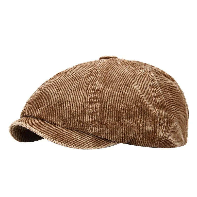 Béret octogonal en velours côtelé lavé de style britannique, chaud pour l'automne et l'hiver, pour hommes et femmes, grande circonférence de tête, casquette élégante.