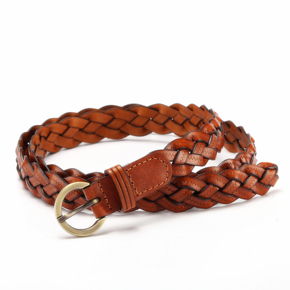 Ceinture en cuir pour femmes, avec boucle ronde dorée tressée, ceinture fine décontractée pour étudiantes, accessoires de vêtements pour dames