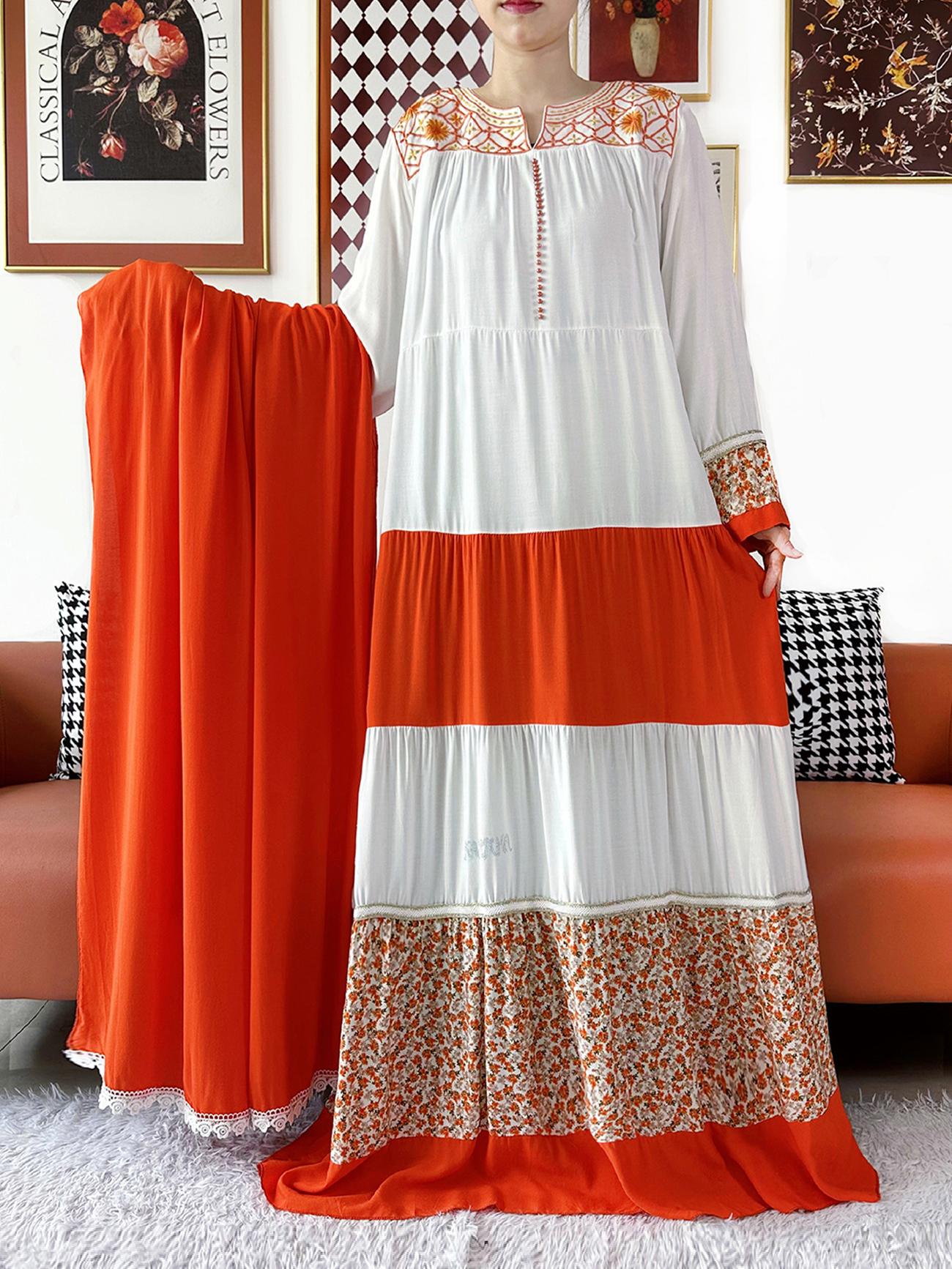 Robe africaine Kashkha 2026 brodée en coton, Abaya africaine, Boubou musulman ample avec grand foulard, robe longue pour le Ramadan