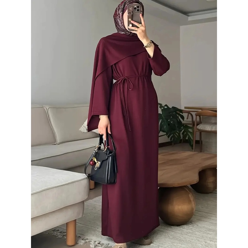 Robe longue élégante décontractée pour femmes, style musulman, couleur unie, manches longues, jupe à lacets