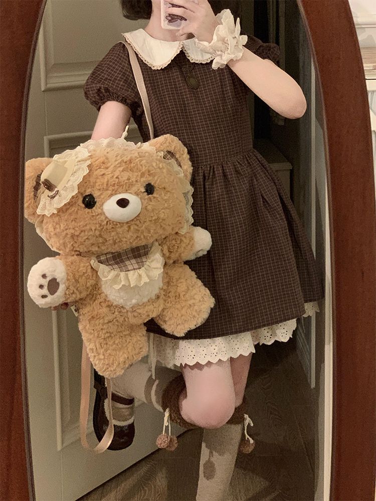 Robe Courte Femme Vintage Japonaise Marron à Carreaux Col Peter Pan Manches Bouffantes avec Dentelle et Taille Cintrée Tenue d'Été Campus Nouveauté 2026