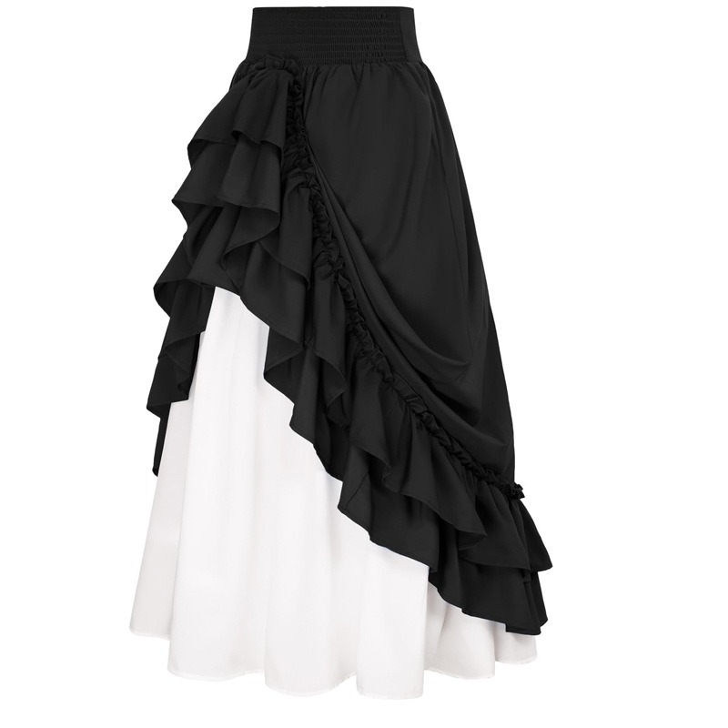 Jupe Longue à Volants pour Femme, Costume Renaissance Décontracté, Bouton Couche, Dos Double, Froncé, Taille artificiel astique, Bande Maxi Longueur