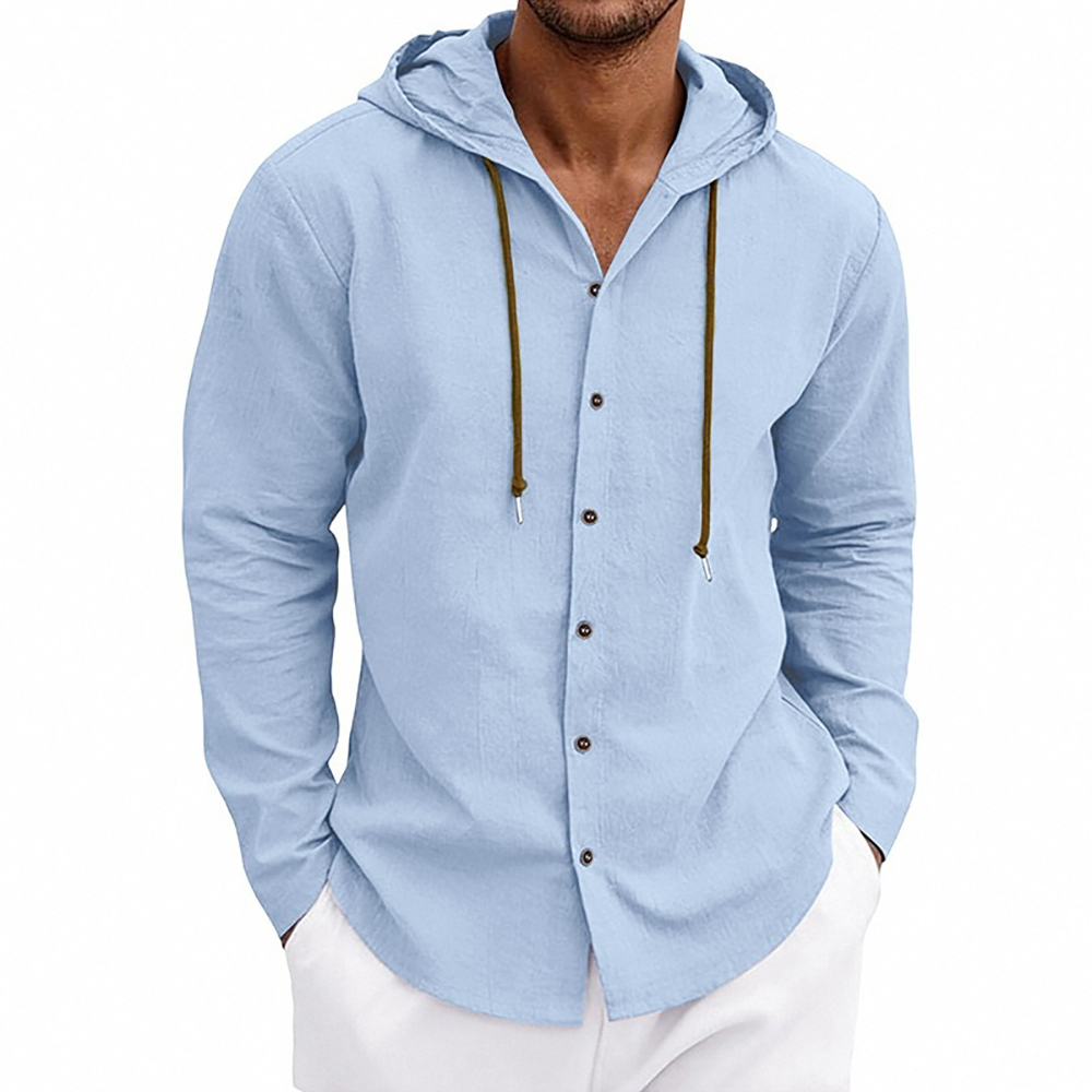 Chemise à capuche pour homme en coton et lin, couleur unie, style simple, avec cordon de serrage, style basique, confortable, légère, décontractée, à boutons