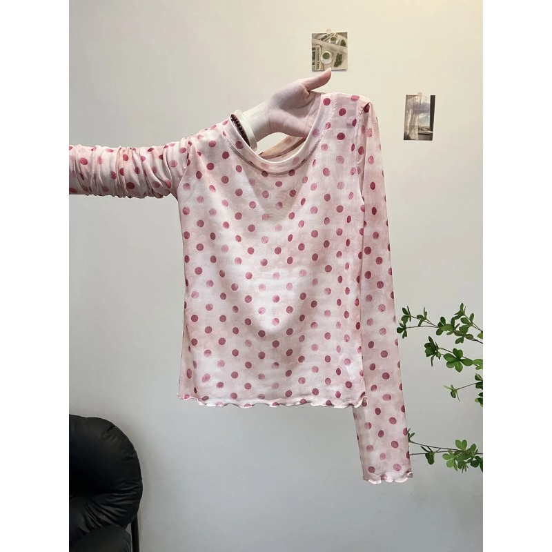 Vêtements d'été pour femmes, chemisier de Protection en maille dégradée avec imprimé à pois, t-shirts au Design polyvalent, haut à manches longues à bords de champignon