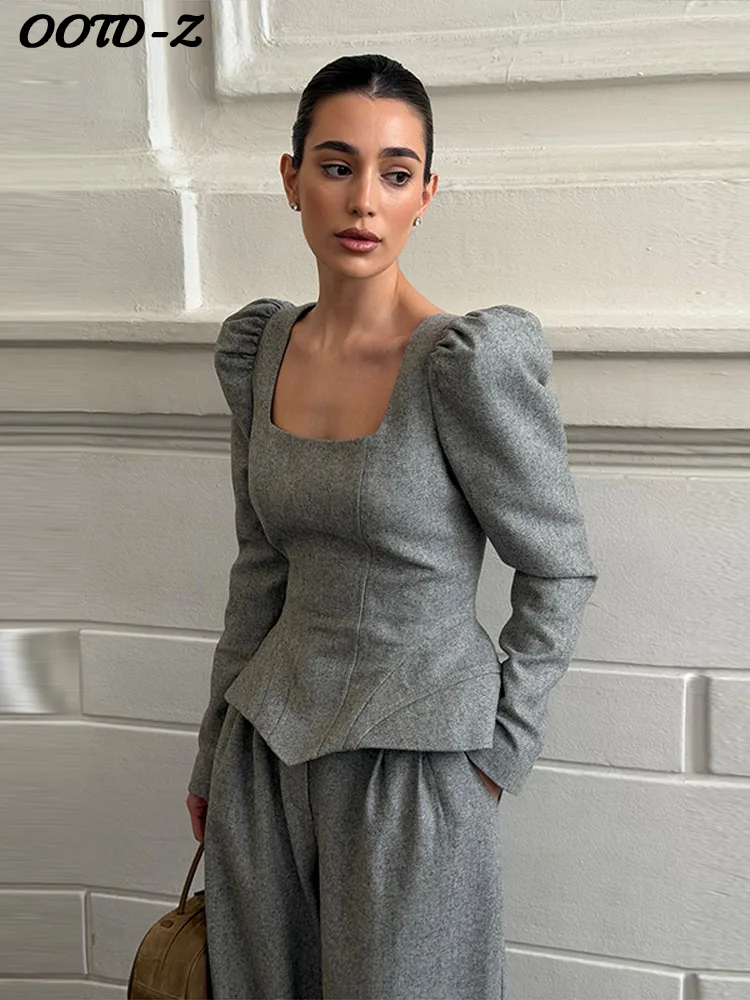 Ensemble décontracté en laine unie pour femme : Blouse à manches bouffantes et taille ajustée, pantalon droit – Collection Automne Hiver 2026