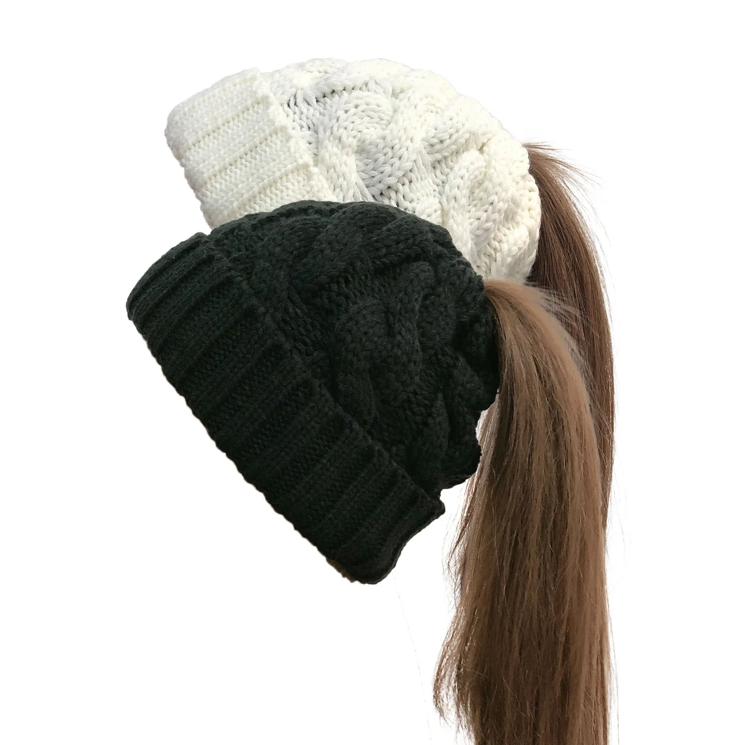 Femmes hiver chapeaux bonnets tricoté filles casquette torsion Crochet chapeaux d'hiver pour femme pompon Beanie oreille tresse queue de cheval chapeau Skullies