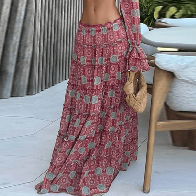 Ensemble de robe pour fille épicée, style vacances en bord de mer, à la mode, imprimé, épaules dénudées, haut court + jupe longue, ensemble sexy décontracté