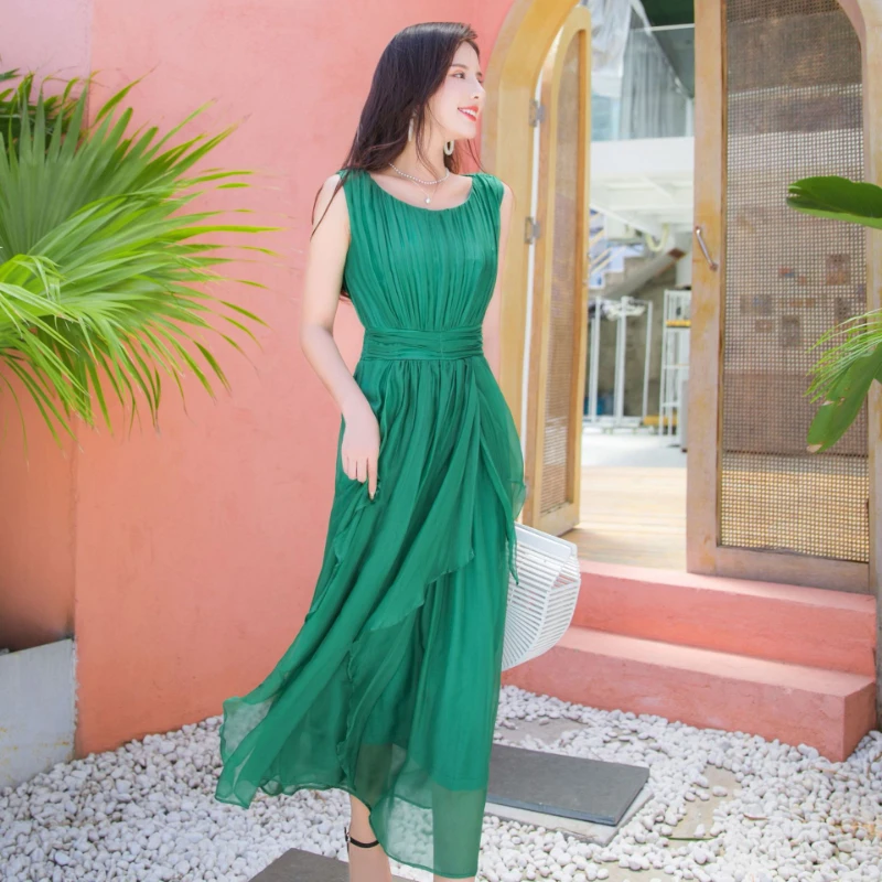 InjSummer-Robe longue décontractée pour femmes, robes élégantes, mode coréenne, haute qualité, nouveau, LqGene, 100%, 2024