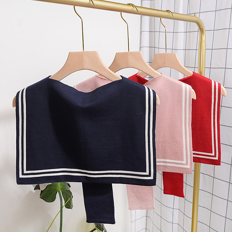 Nouvelle écharpe châle en laine tricotée à rayures marine style universitaire coréen, avec nœud, chaude, pour femme, protection du cou en climatisé, idéale pour l'été