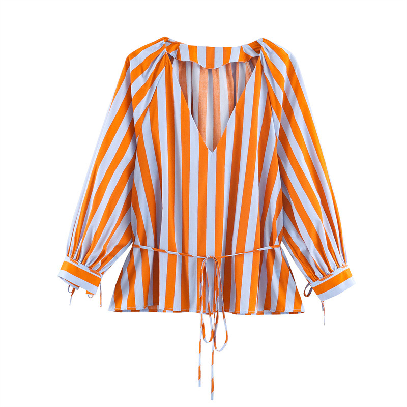 Ensemble 2 pièces pour femmes, chemisier à manches longues à col en V rayé orange, robe midi à volants avec bretelles spaghetti et nœud, ensemble assorti décontracté pour les vacances