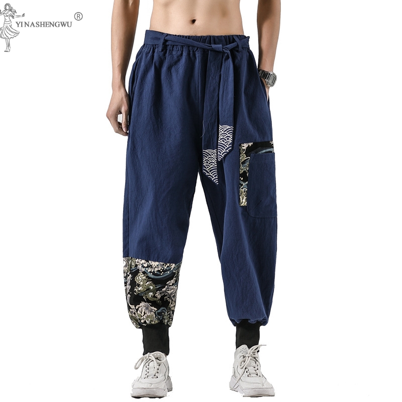 Costume de samouraï en coton et lin pour hommes, kimono japonais, ceinture imprimée Ukiyo-e, sarouel rétro, Haori Baggy, fjHarajuku, Hip Hop