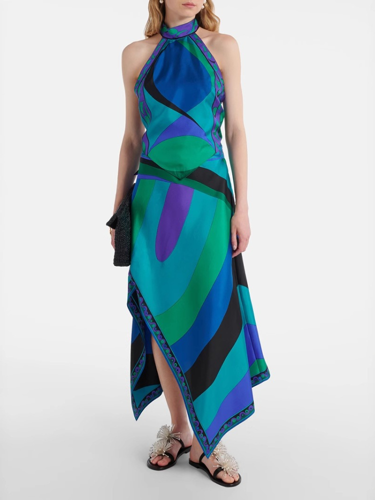 Jupe en Satin élégante pour femmes, ensemble deux pièces imprimé, col suspendu, haut irrégulier, demi-corps, nouvelle mode d'été
