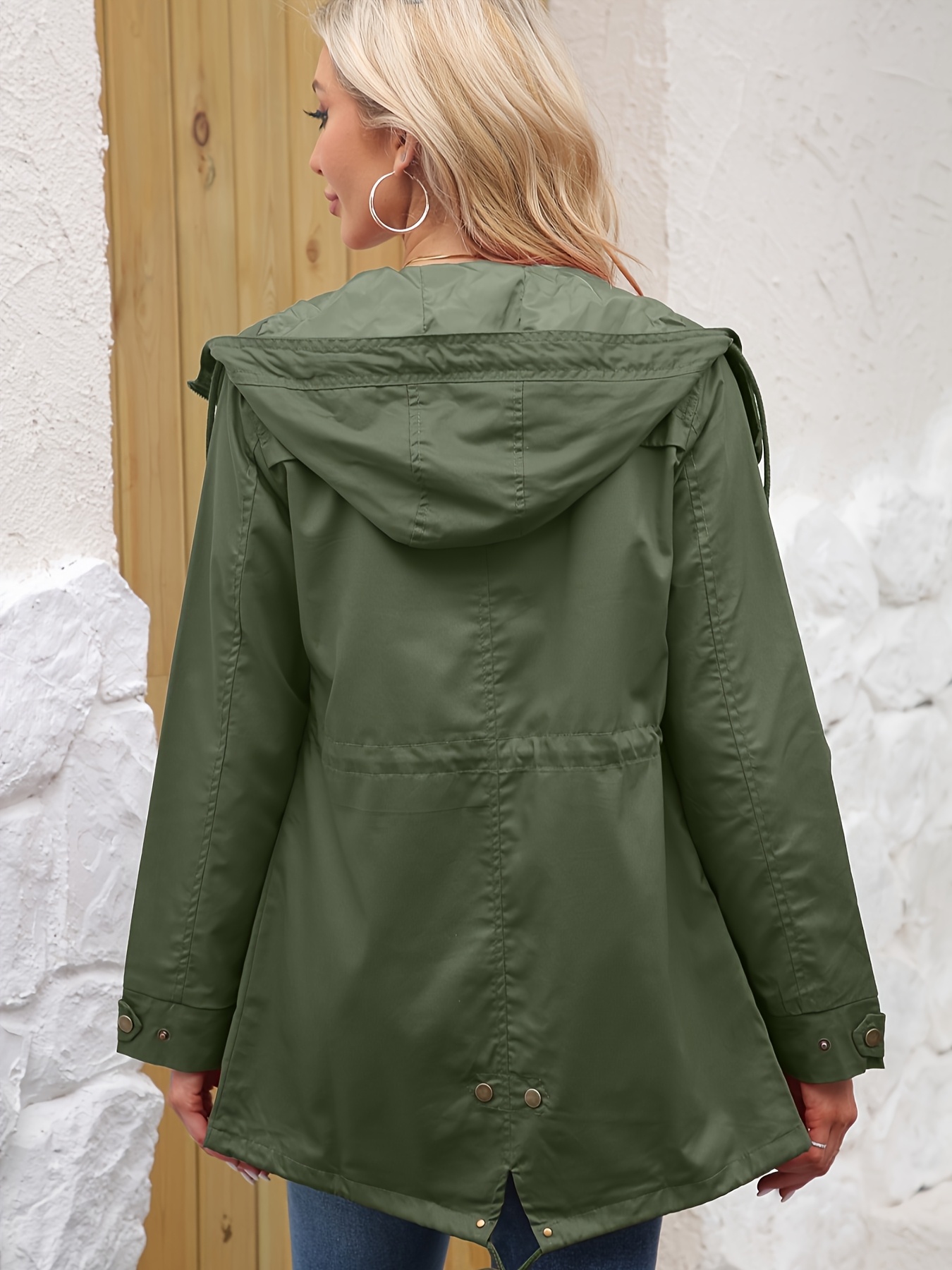 Veste utilitaire à capuche pour femme, manches longues, taille ajustable avec cordon, parka avec poches pour le printemps et l'automne
