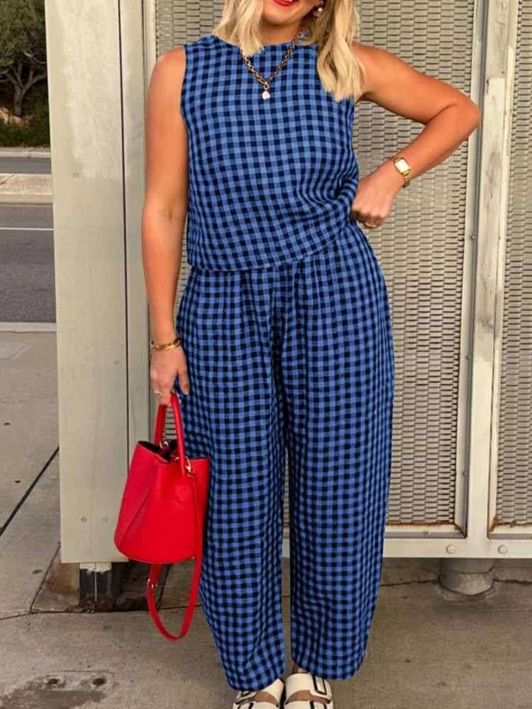 Mode femmes pantalons ensemble imprimé Plaid sans manches 2025 printemps été décontracté gilet neuf points pantalon vêtements de maison femme 2 pièces ensemble