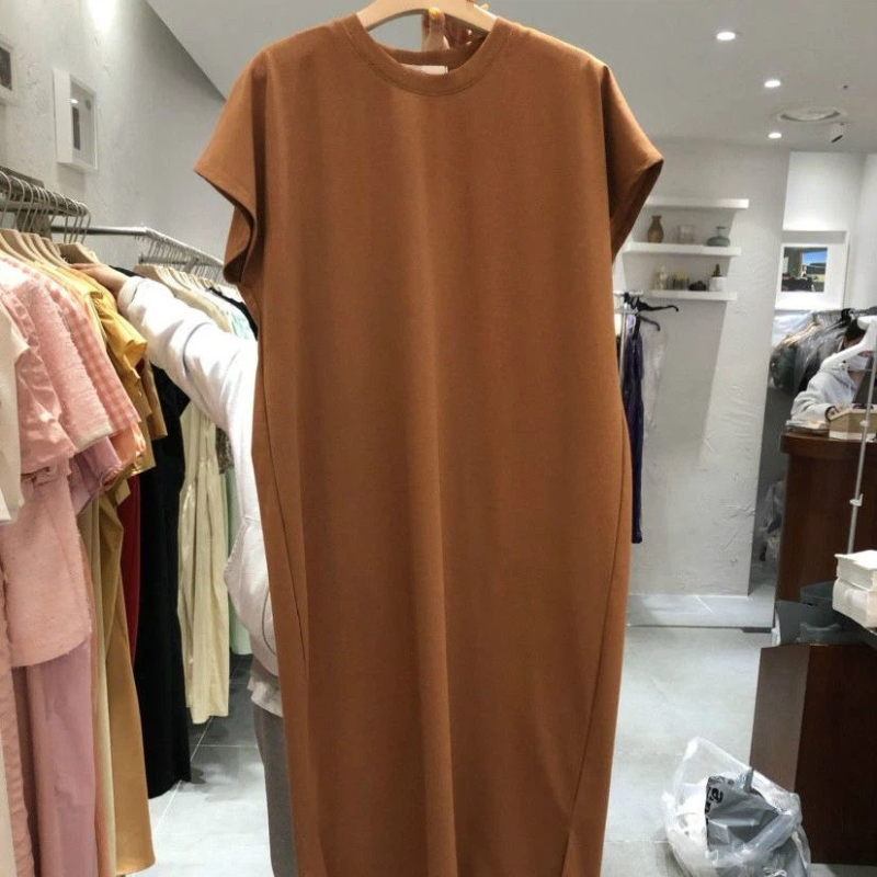 Robe T-shirt décontractée à manches courtes, col rond, coupe ample, couleur unie, style coréen, pour femme, été, mode, longueur midi