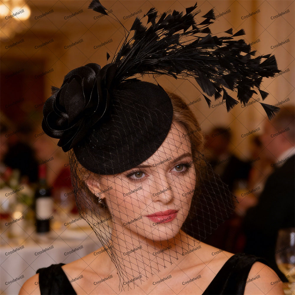 Navy voiles fleur pilulier Fascinator chapeau église mariage mariée église pilulier casquette femmes dames Royal Ascot casque pince à cheveux