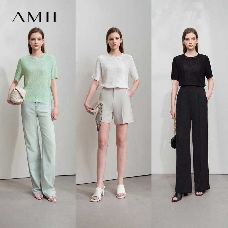 AMII Minimalism Loose Tops Fashion O-Neck Short Sleeve Comfortable Ventilate Green Knitted Sweater Women Clothing 12552106