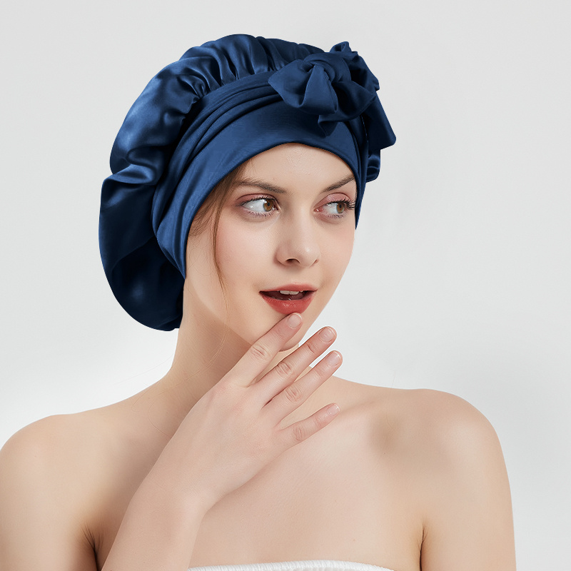 Bonnet de nuit double couche 100% soie véritable pour femmes avec large bande élastique 22 Momme