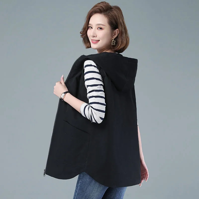 Gilet mi-long pour femme, nouvelle collection printemps 2026, style coréen, sans manches, décontracté, à capuche, avec fermeture éclair, veste d'extérieur