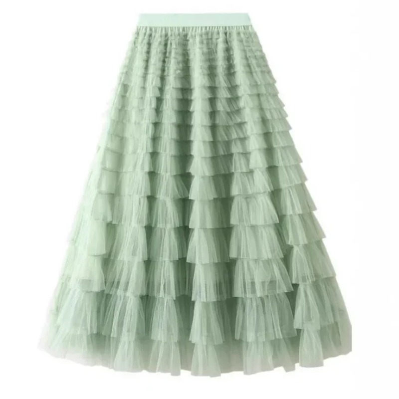 Jupe en maille à volants multicouches pour femmes, jupe longue en tulle, taille haute, vêtements de fête, monochromatique, bohème, printemps, été, salle de bain