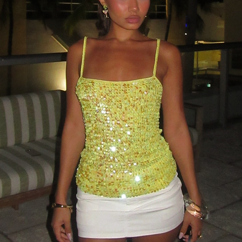Haut court en Crochet orné de paillettes pour femmes, Camis smocké tricoté de plage, scintillant, dos nu, couverture, gilet, été