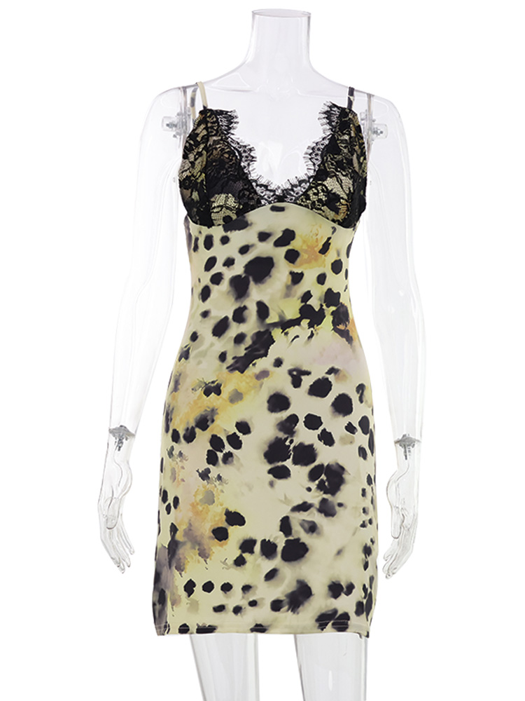 Huhugirl Robe Mini Sexy Moulante à Imprimé Patchwork en Dentelle, Sans Manches, Mode Vacances, Fête, Plage, Style Urbain pour Femmes