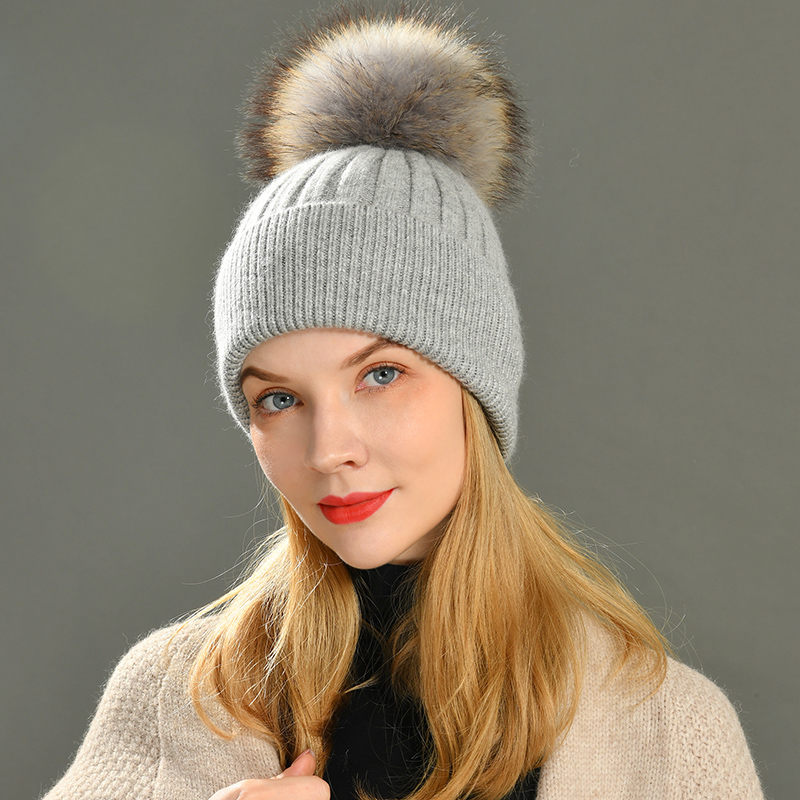 Femmes chapeau d'hiver femme amovible réel fourrure de raton laveur pompon chapeau casquette laine tricoté chapeau fourrure naturelle Pompon chapeau pour femmes bonnets
