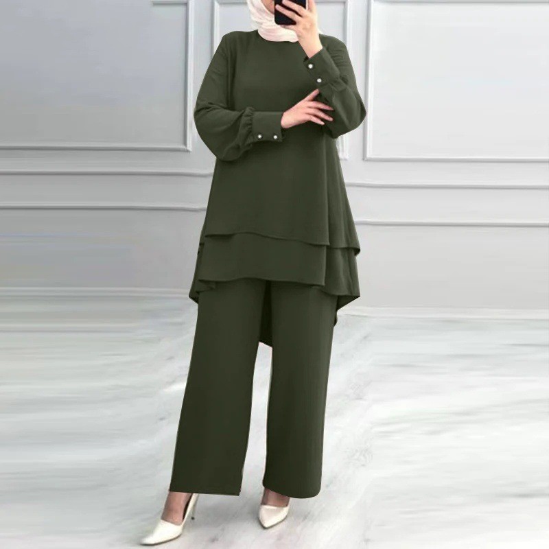 Ensemble 2 pièces pour femmes musulmanes, chemisier, Double haut, pantalon à jambes larges, costume marocain, Ramadan, Ensemble décontracté, tenues pantalon arabe de dubaï