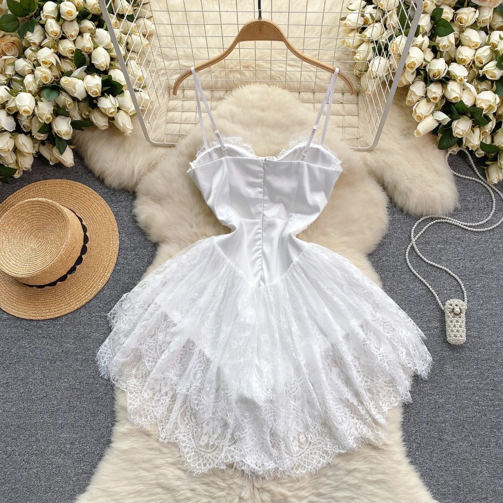 Robes Sexy en maille et dentelle pour femmes, col licou, basique, simple boutonnage, sans manches, Chic, à volants, taille fine, vêtements pour femmes