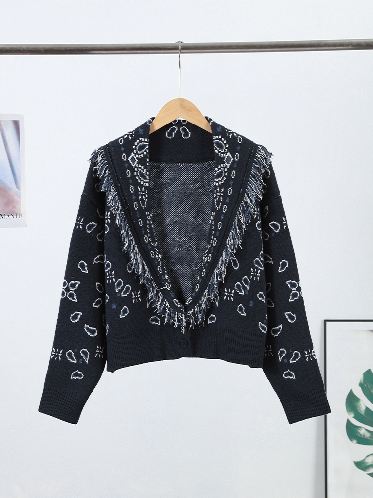 Cardigan imprimé Patchwork à franges pour femme, ceinture, col rabattu, manches longues, tricoté, pull de rue, Vintage, manteau d'automne 2025