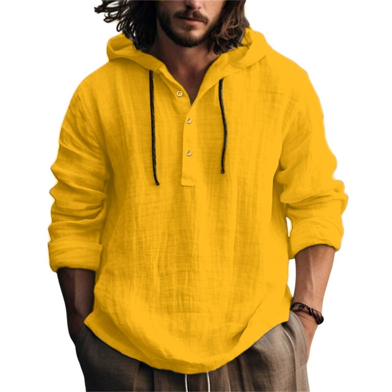T-shirt à capuche décontracté en coton et lin pour hommes, chemisier à manches longues, vacances, plage, printemps, tunique unie, chemise ample à capuche